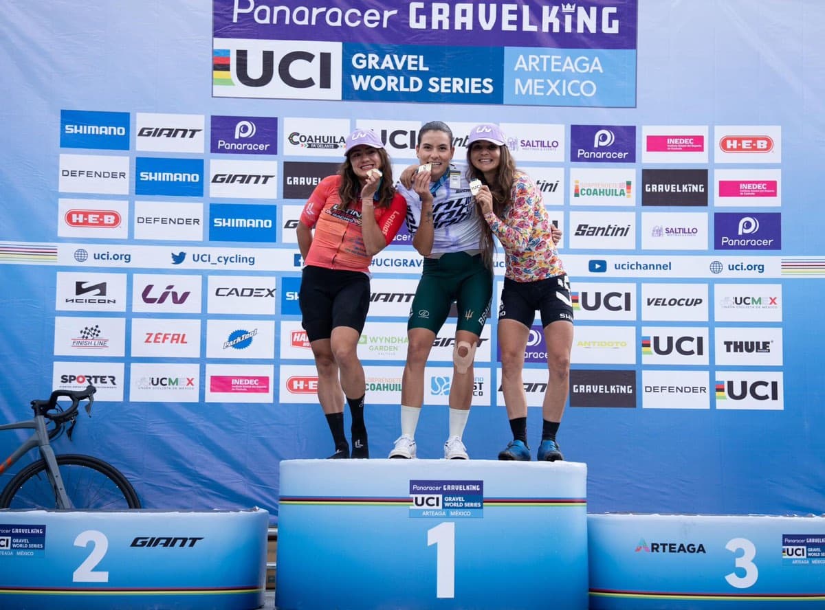 Podium at the UCI Gravel World Series Panaracer Gravelking in Arteaga, Mexico