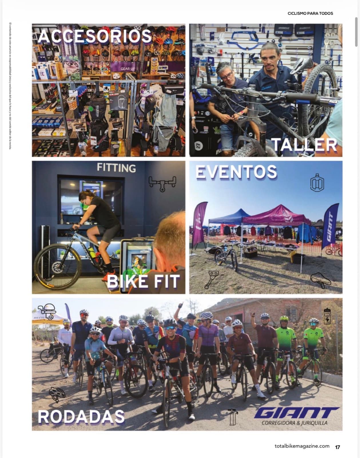 Segunda página del reportaje en Total Bike: accesorios, taller, bike fit, eventos y rodadas