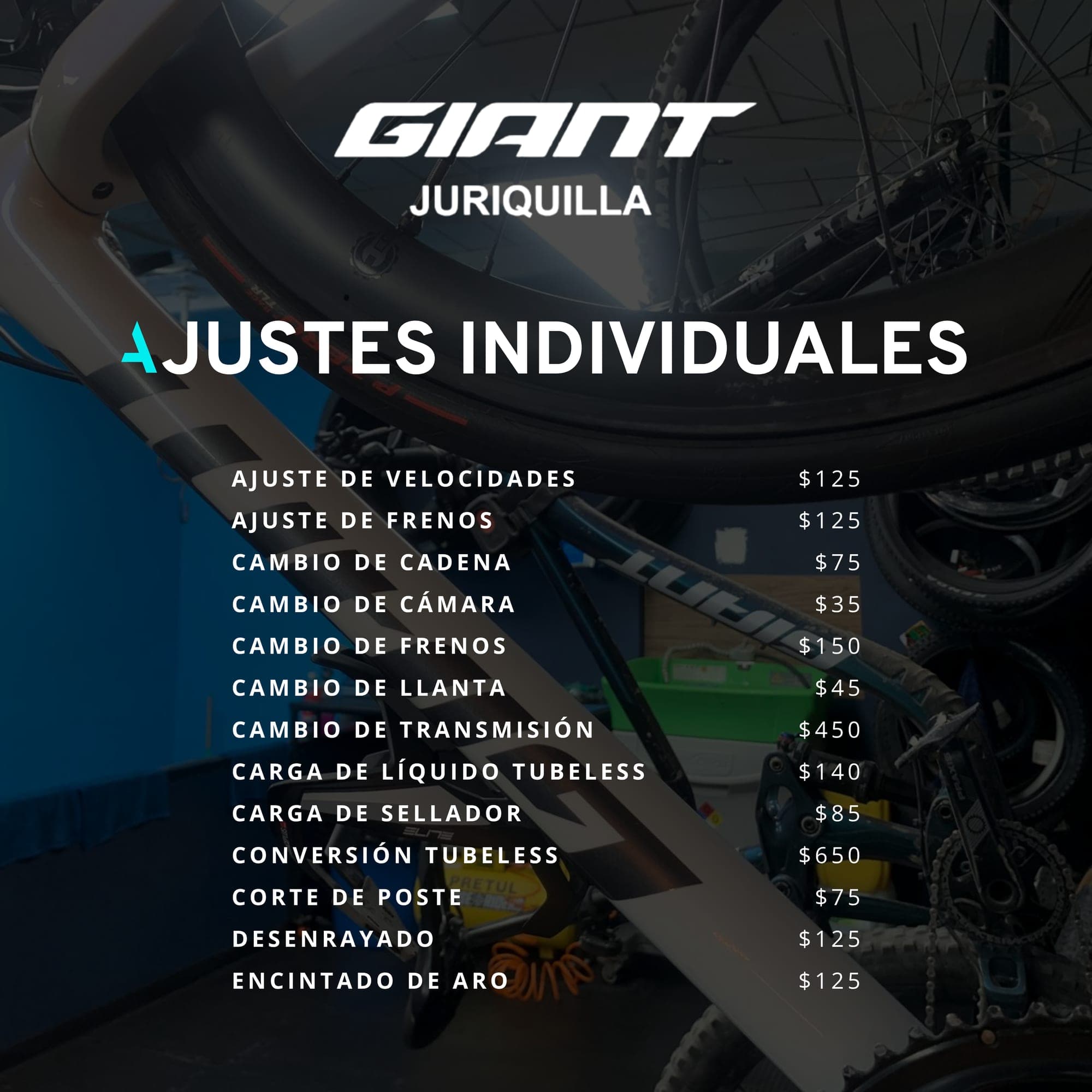 Ajustes individuales del taller Giant Juriquilla: precios de ajuste de velocidades y frenos, cambio de cadena, cámara, frenos, llanta y transmisión, carga de líquido tubeless y sellador, conversión tubeless, corte de poste, desenrayado y encintado de aro.