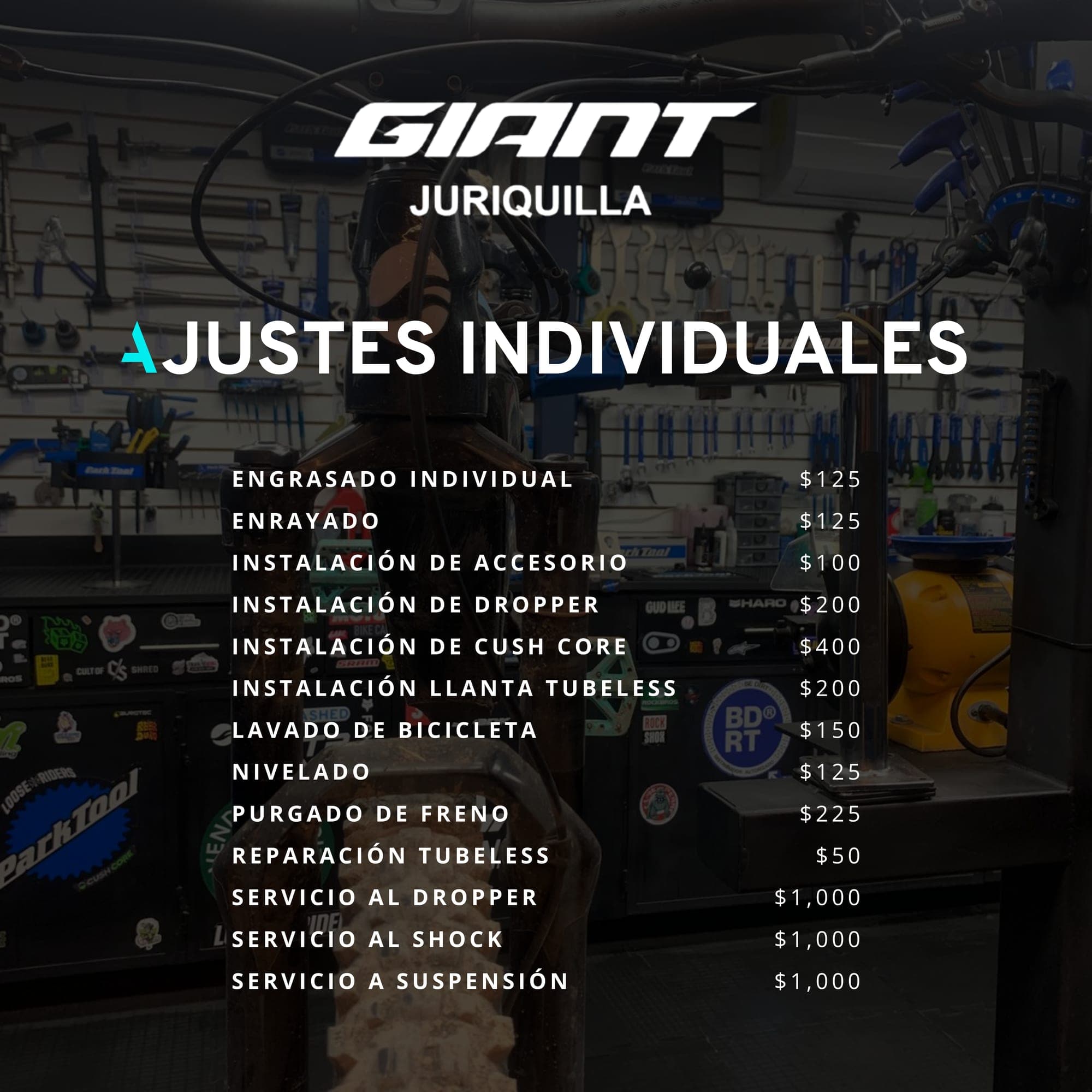 Ajustes individuales del taller Giant Juriquilla: precios de engrasado individual, enrayado, instalación de accesorio, dropper, CushCore y llanta tubeless, lavado, nivelado, purgado de freno, reparación tubeless y servicio a dropper, shock y suspensión.