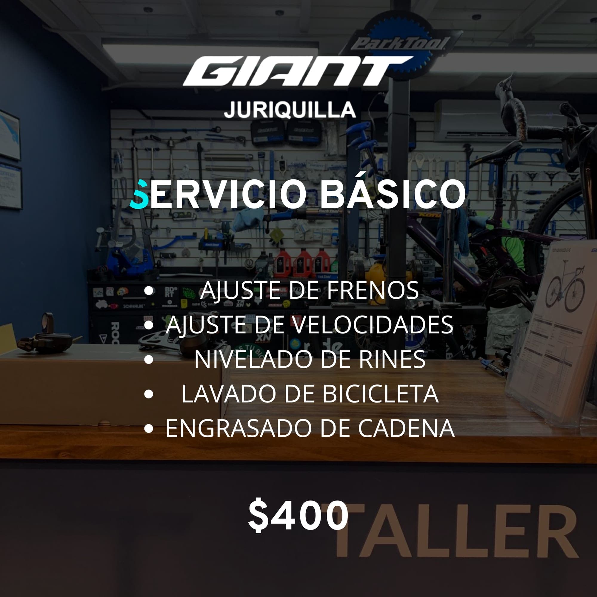 Servicio Básico del taller Giant Juriquilla, $400: ajuste de frenos, ajuste de velocidades, nivelado de rines, lavado de bicicleta y engrasado de cadena.