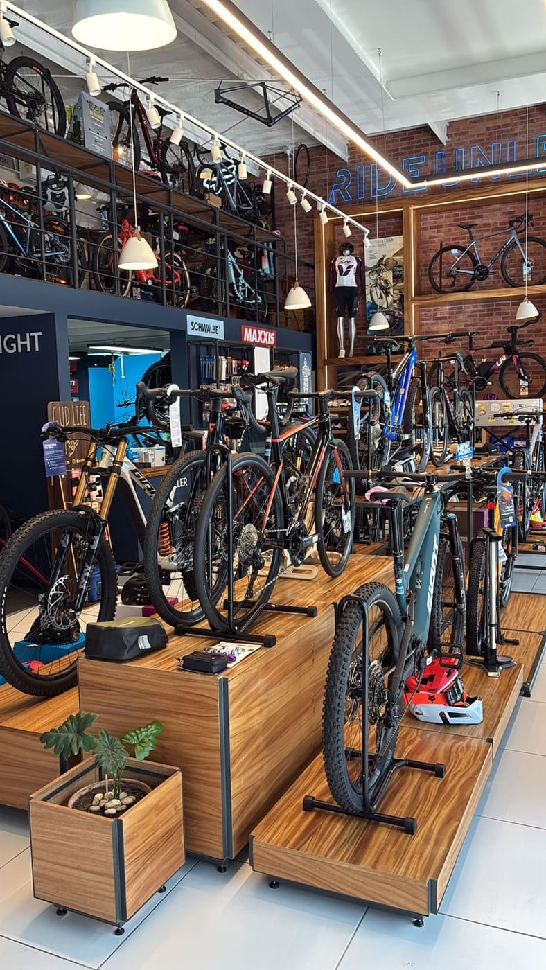 Interior de la tienda Giant Juriquilla con bicicletas de montaña sobre tarimas de madera
