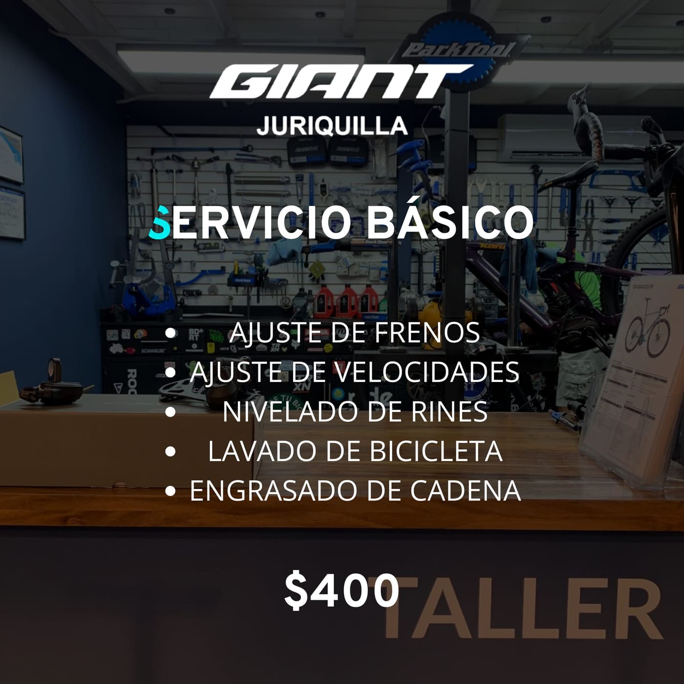 Servicio Básico del taller Giant Juriquilla, $400: ajuste de frenos, ajuste de velocidades, nivelado de rines, lavado de bicicleta y engrasado de cadena.