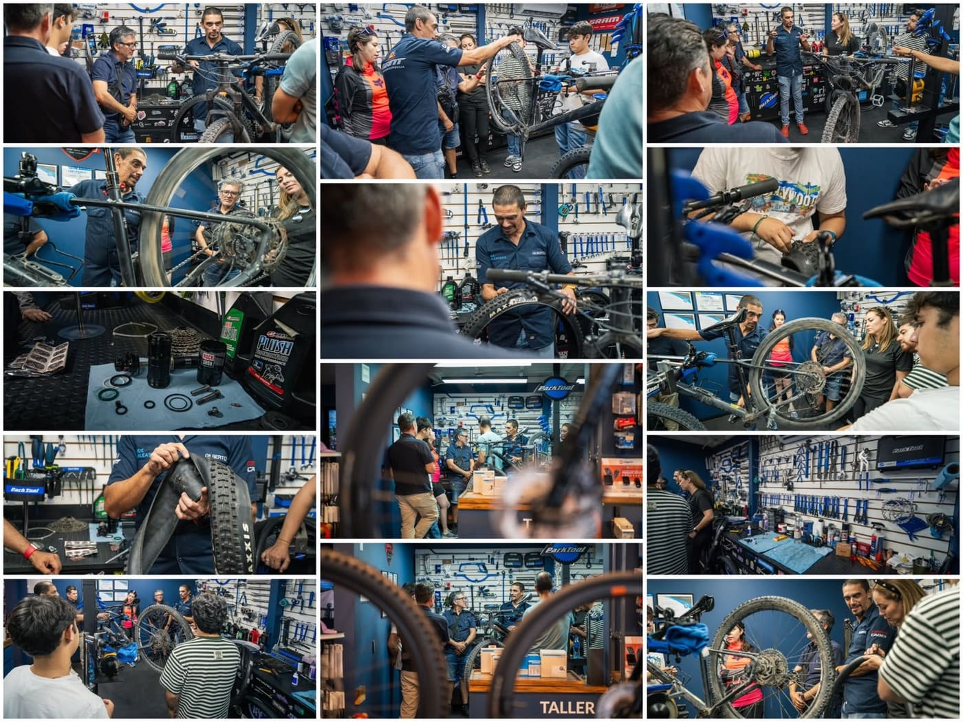 Mosaico del equipo del taller Giant Juriquilla dando servicio a bicicletas